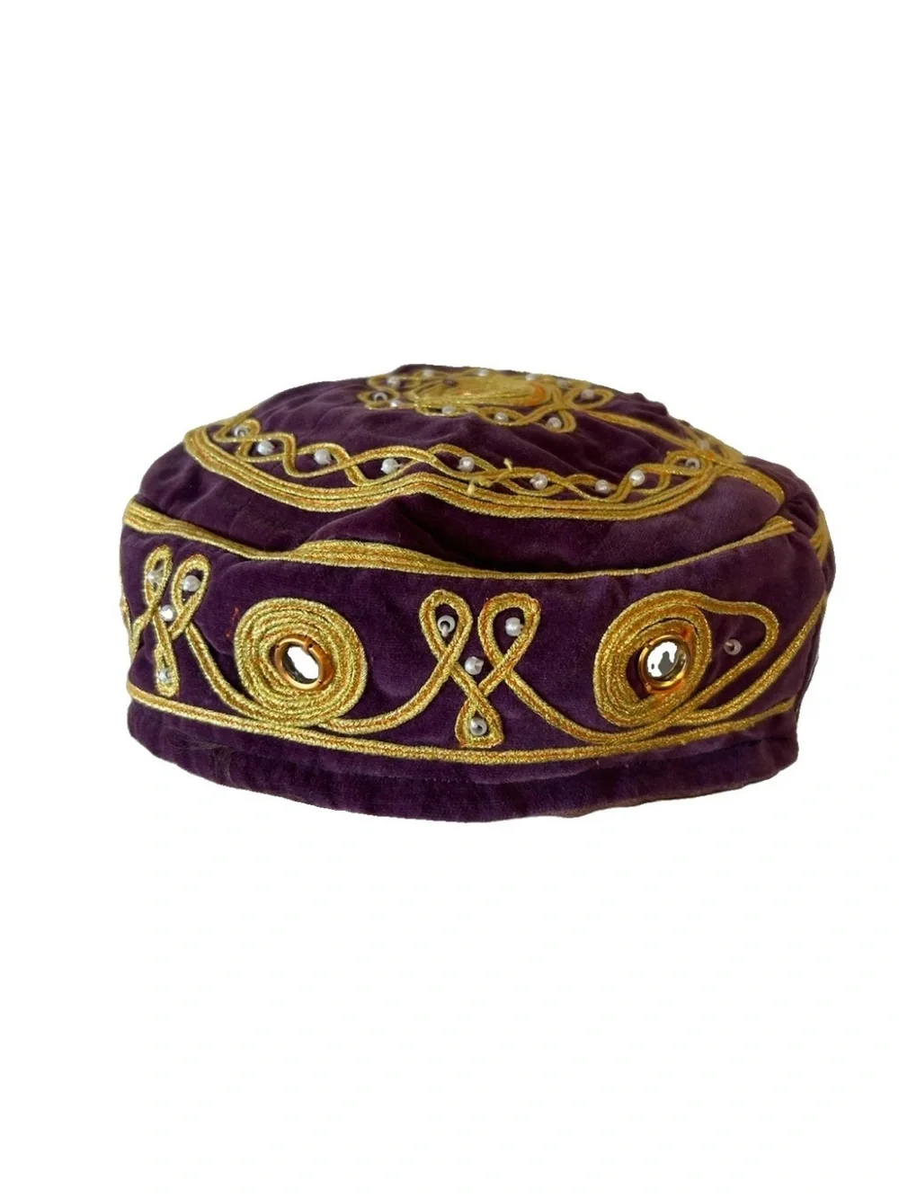 Vintage Velvet Embroidered Turkish Islamic Hat Kufi Gold Thread Mirror Bead